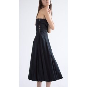 NWT Y-Y New York Black Side Button Detail Strapless Cotton Midi Dress sz L